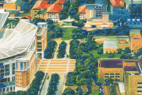 Cesar Pelli and Associates' 1999 drawing of UT campus with stadium in view
