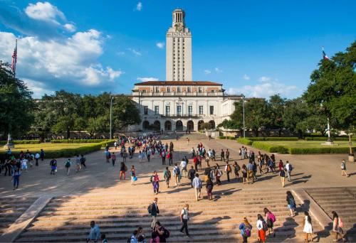 Students on the main mall and front view of UT tower