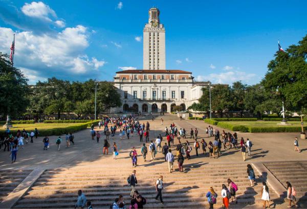 Students on the main mall and front view of UT tower